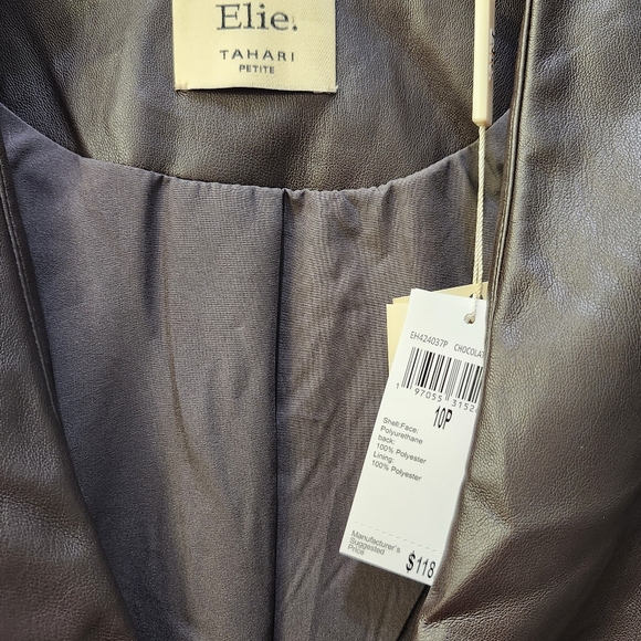NWT Elli Tahari V Neck Faux Leather Single Button Brown Jacket. Size 10P - Picture 4 of 5